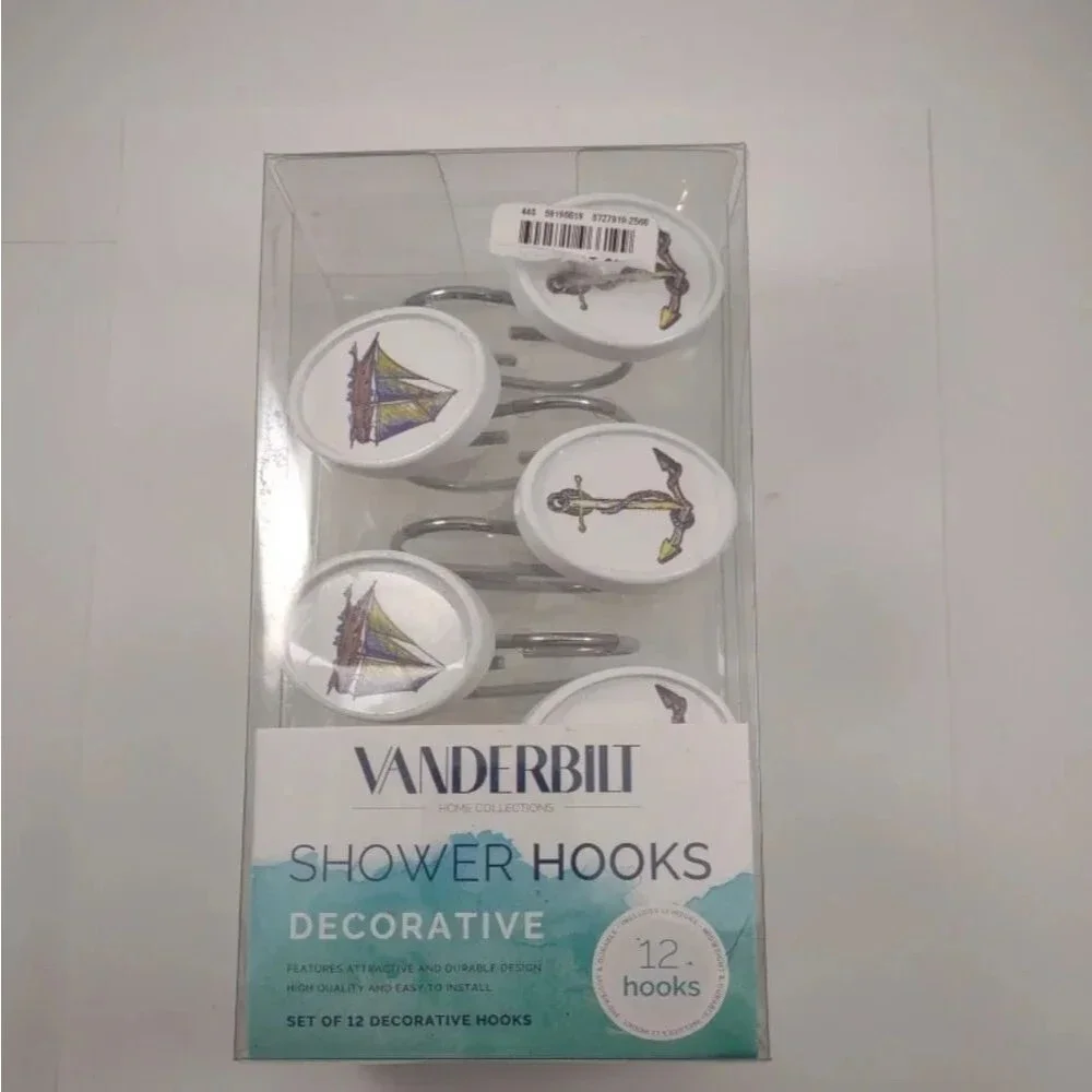 Vanderbilt Nautical Shower Hooks Set of 12 Anchors and Ships Oval Design NWT
